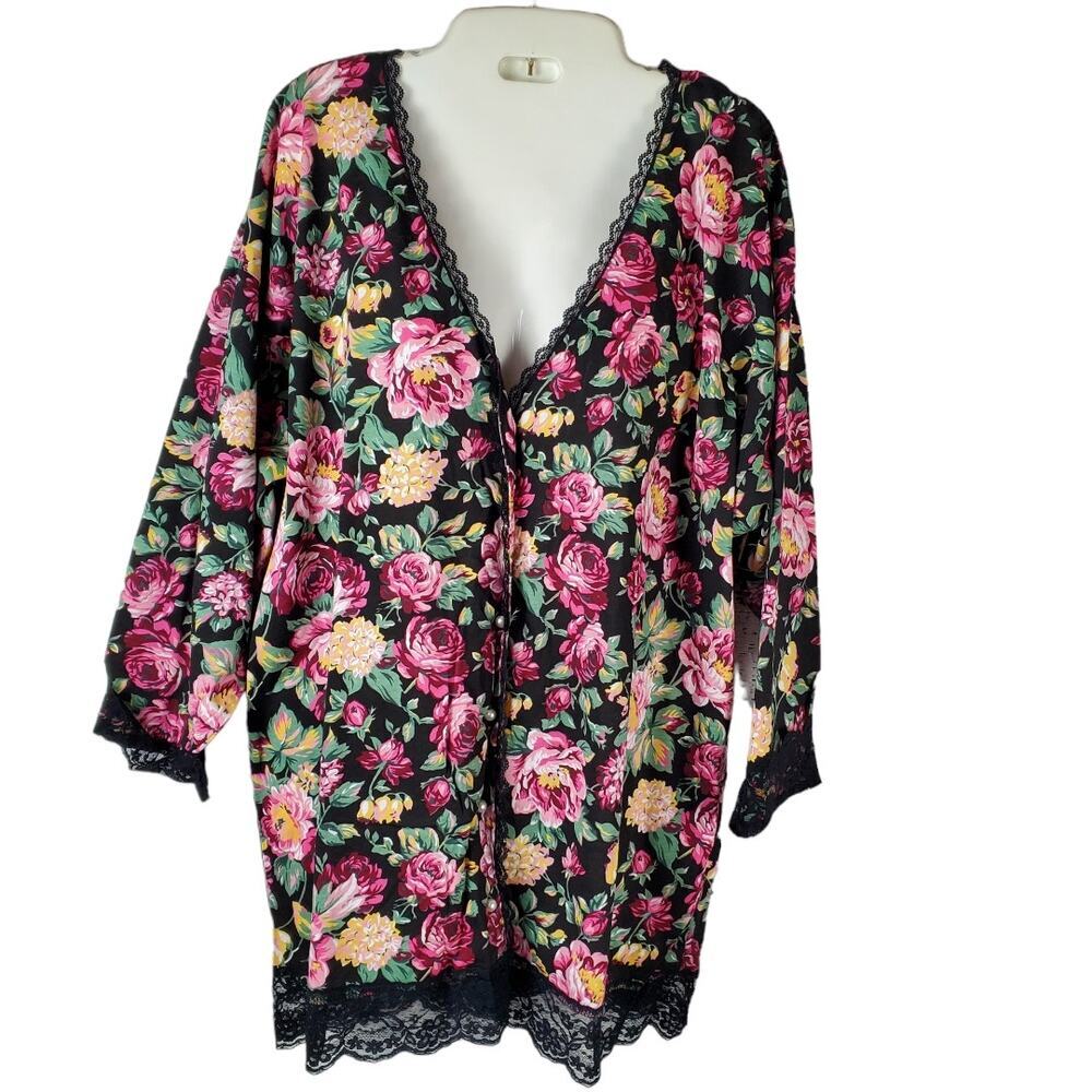 🌸 Vintage Victoria’s Secret Gold Label Floral Lace Pajama Top M 100% Cotton